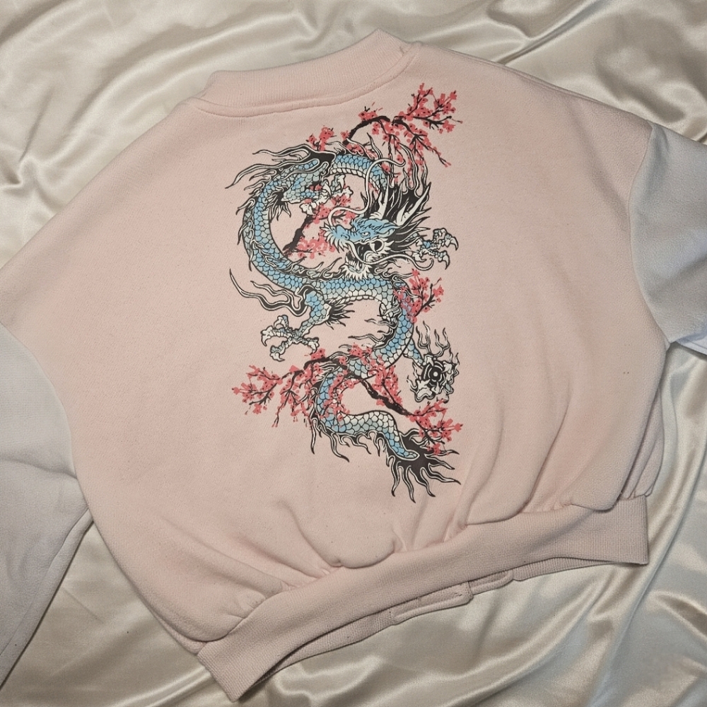 Urban Planet Tokyo Print Pink and White Women's Varsity Jacket Cropped - Picture 3 of 4